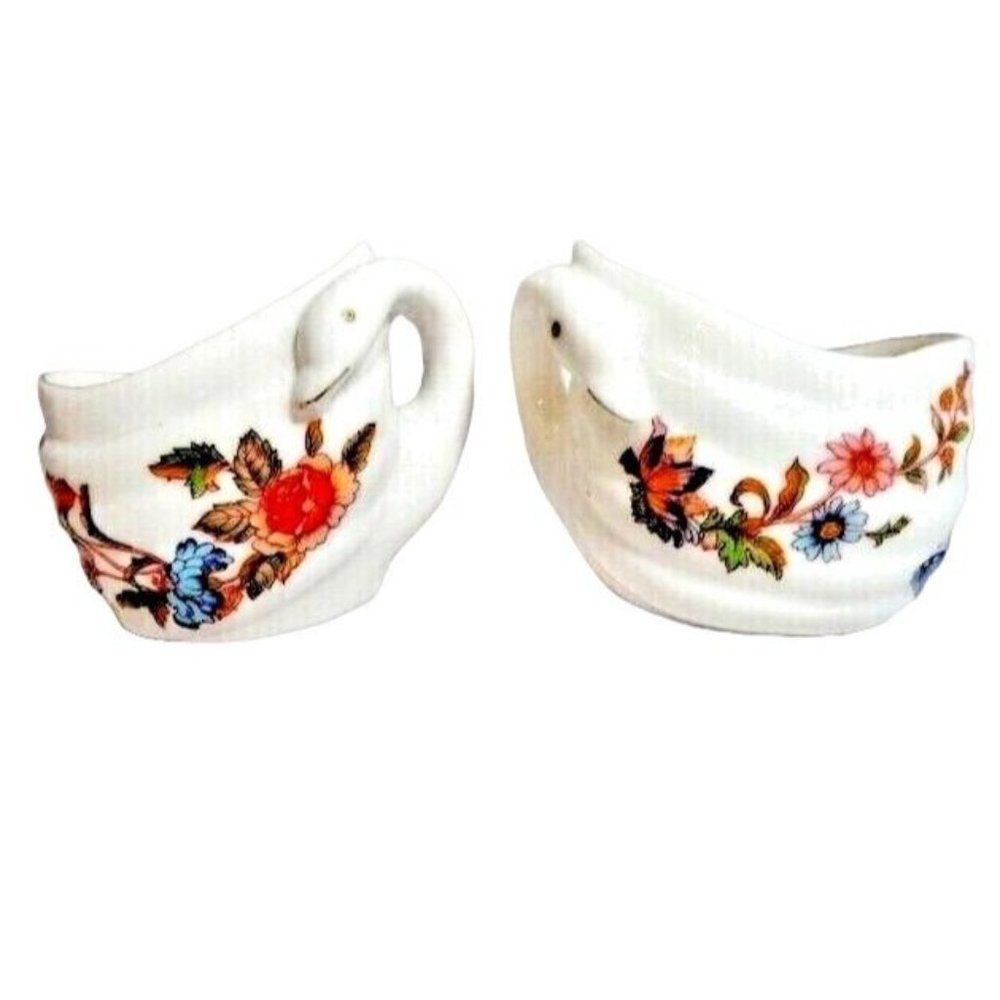 Vintage Ardalt Swan Candle Holder Cup Floral Butterflies Print Bone China 2-Pc